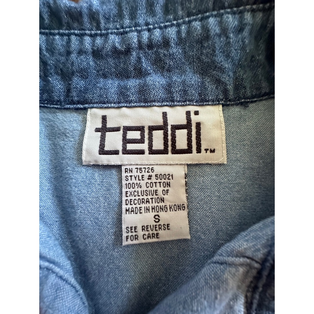 Teddi Vintage Heart Patchwork Chambray Denim Shirt Light Wash Cottagecore Small - Picture 6 of 8